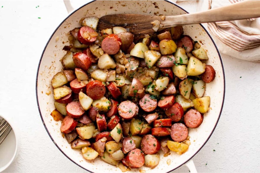 A dish of Kielbasa and Potatoes.