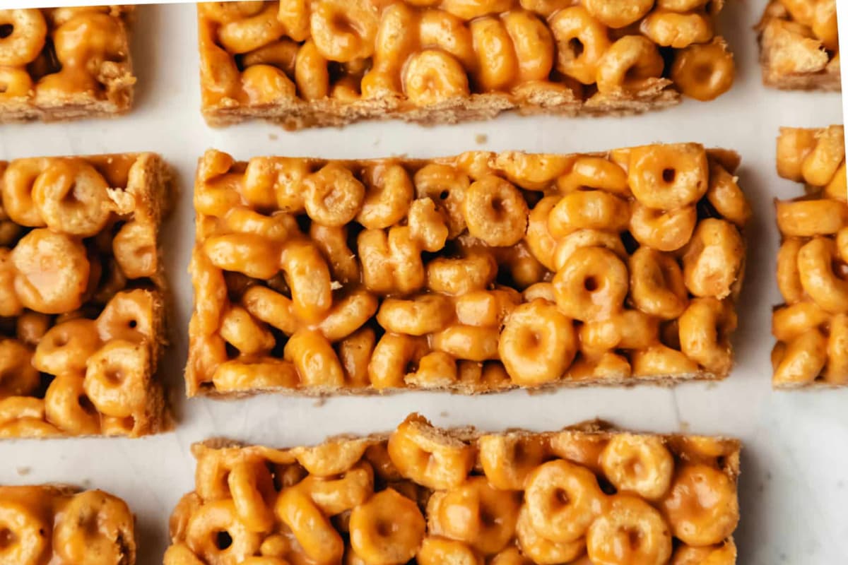 A tray of Peanut Butter Cheerio Bars.
