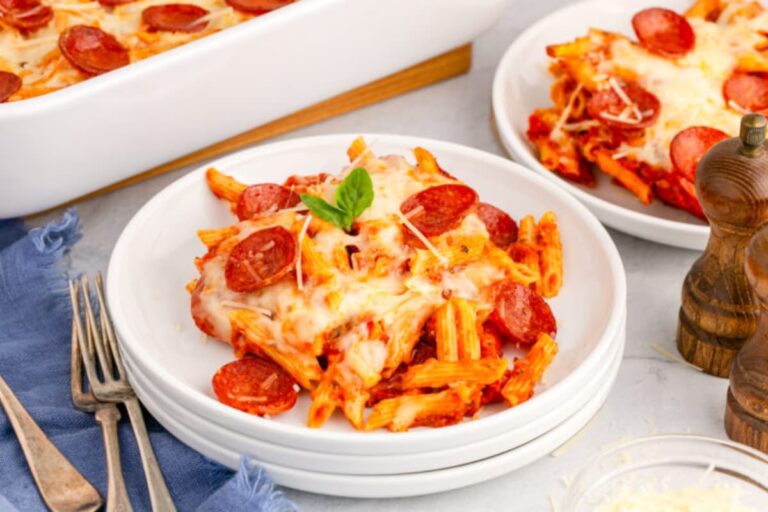 A plate of Pepperoni Pizza Pasta Bake.