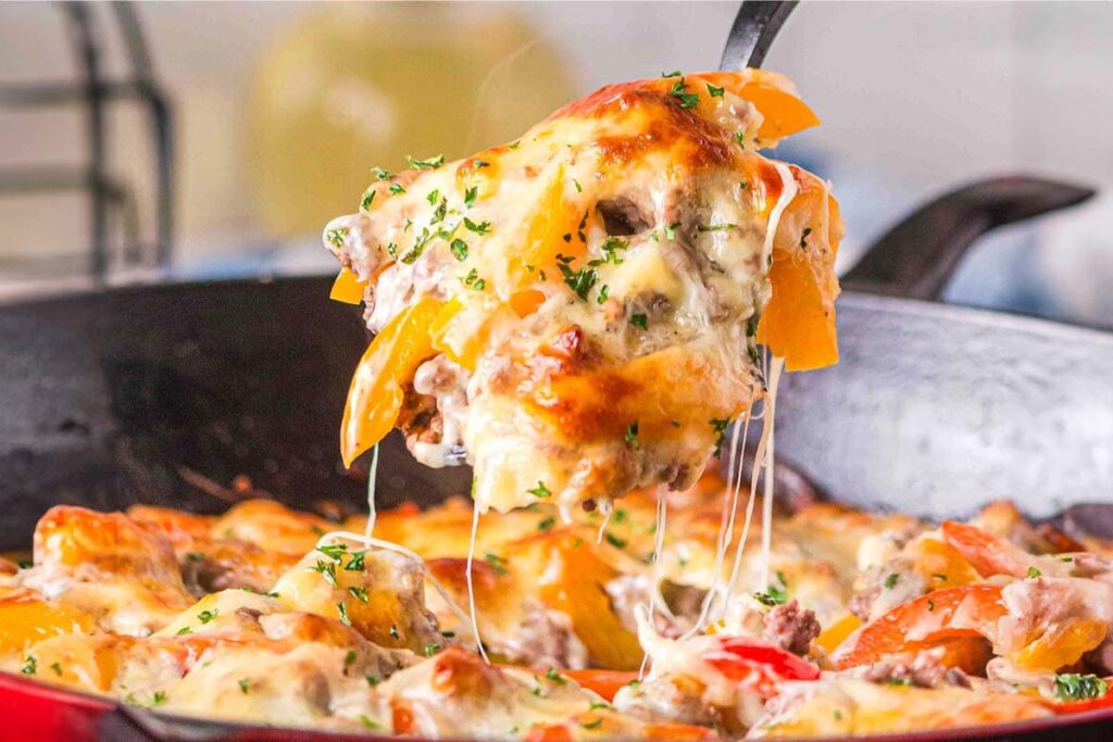 A dish of Philly Cheesesteak Casserole.