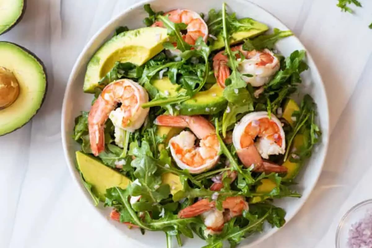 A bowl of Prawn and Avocado Salad.