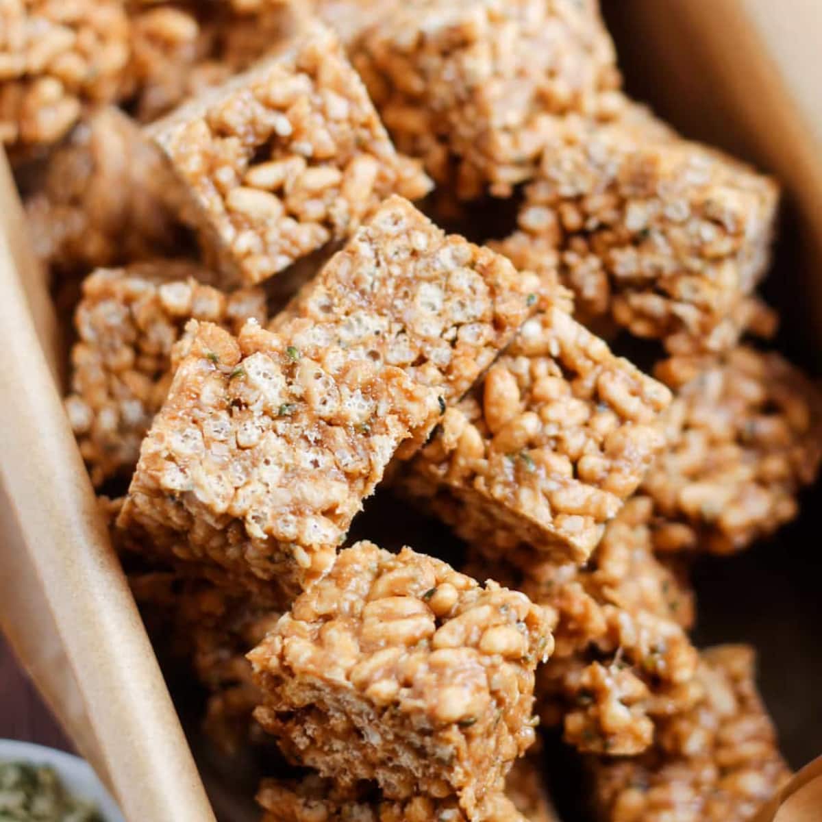 A pan of protein rice crispy treats.