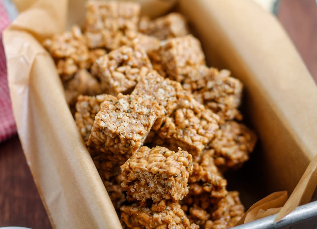 A pan of protein rice crispy treats.