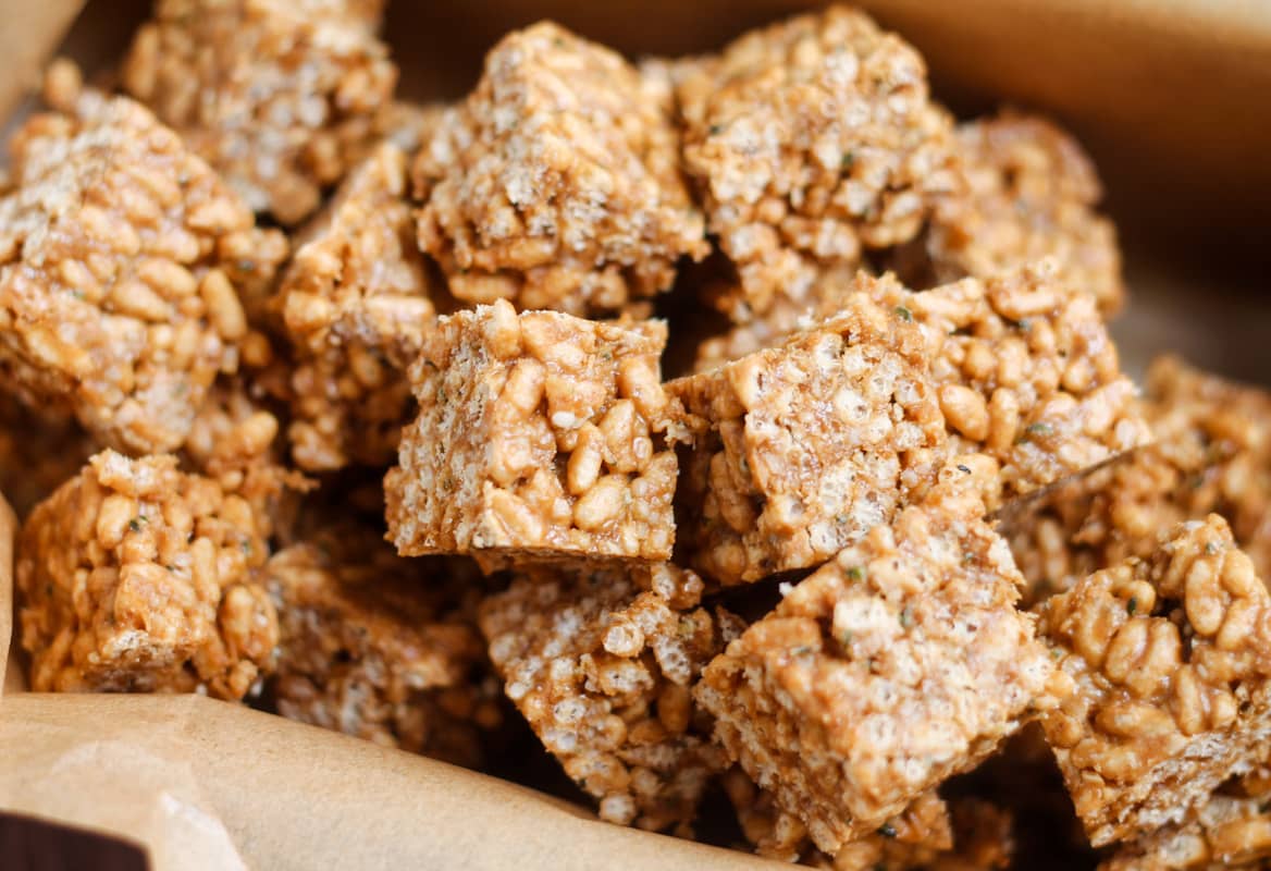 A pan of protein rice crispy treats.