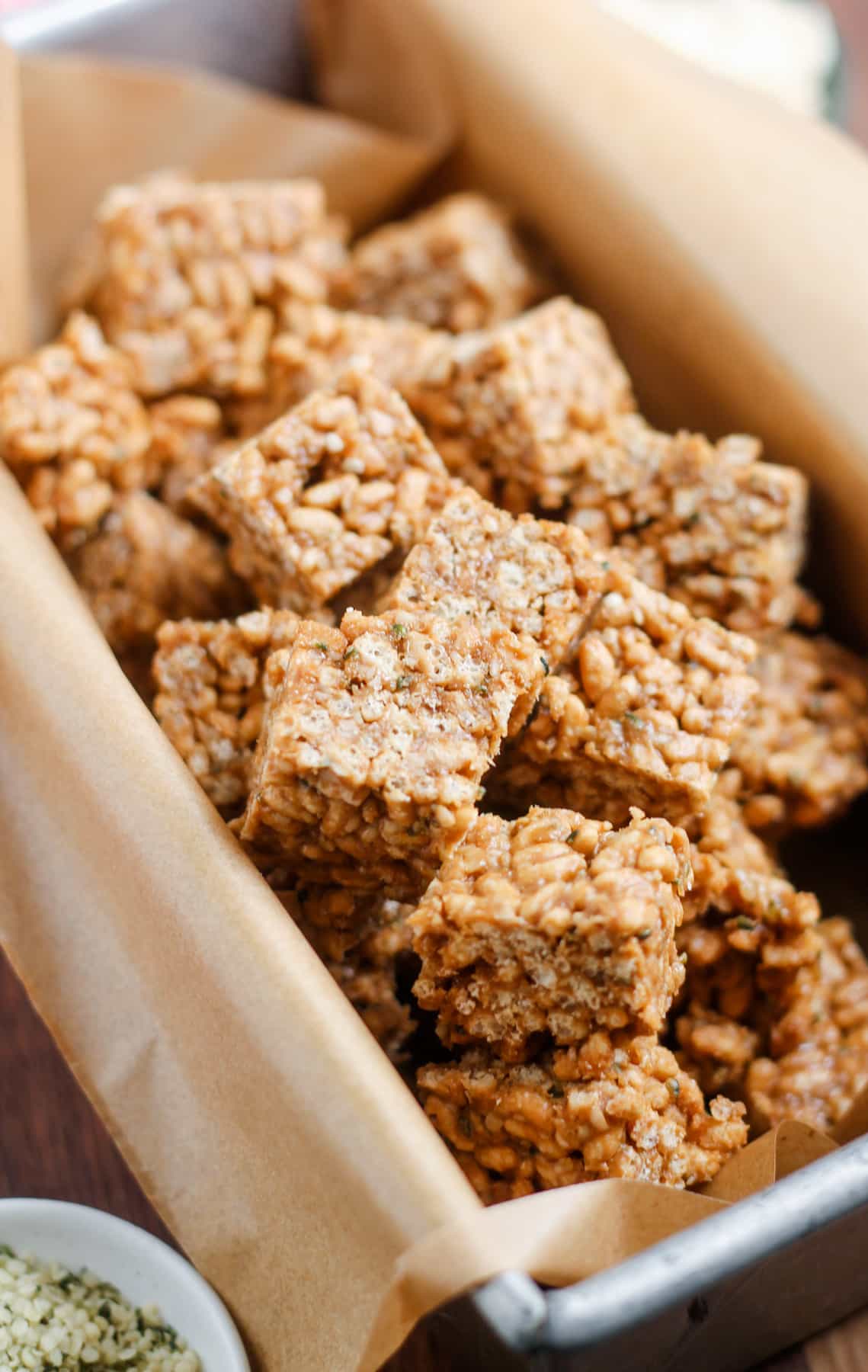 A pan of protein rice crispy treats.