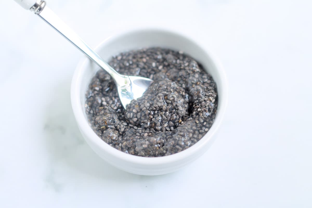 A dish of chia seeds that have been soaked.