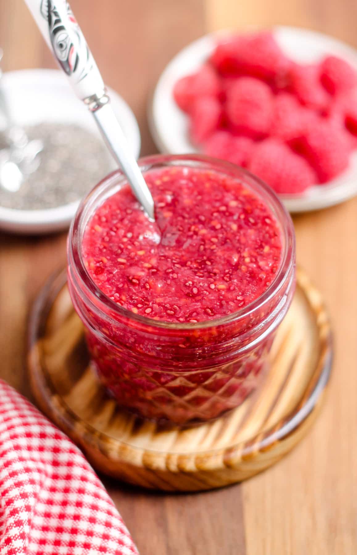 A jar of raspberry chia jam.