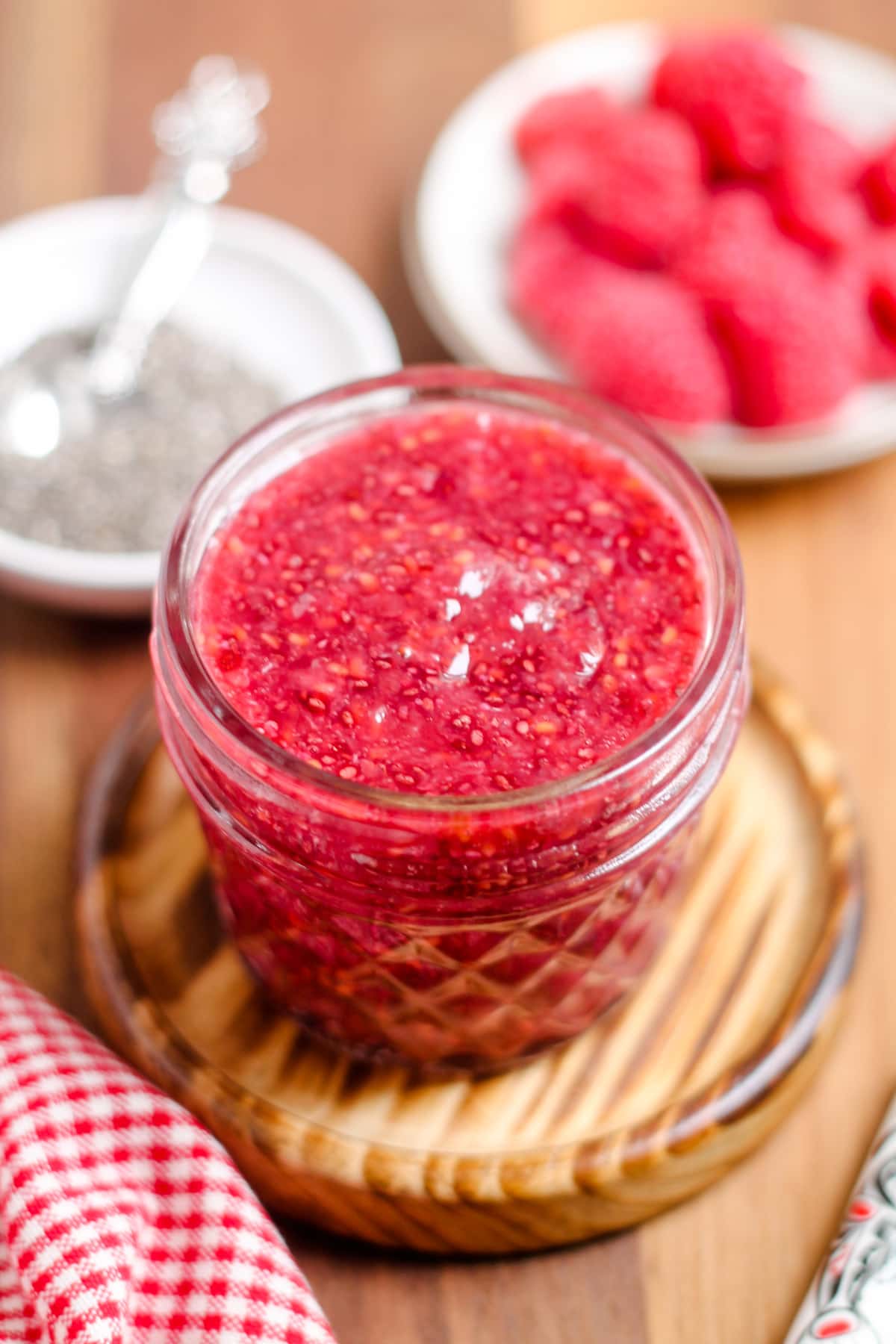 A jar of raspberry chia jam.