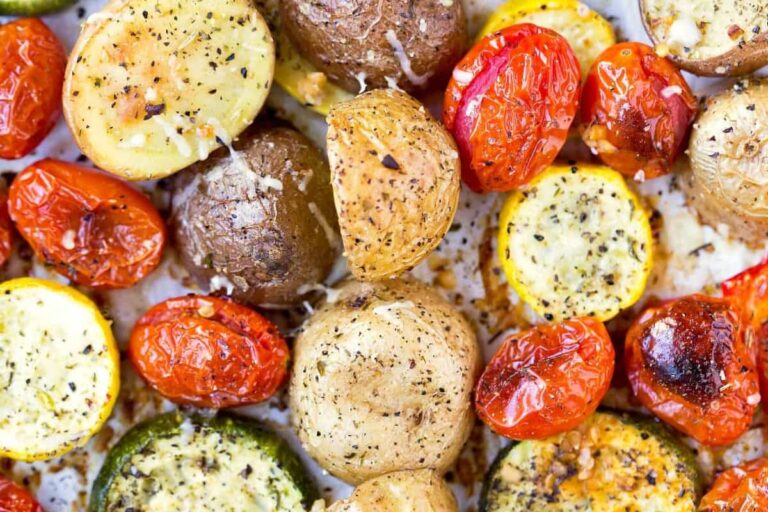 A dish of Roasted Summer Vegetables.