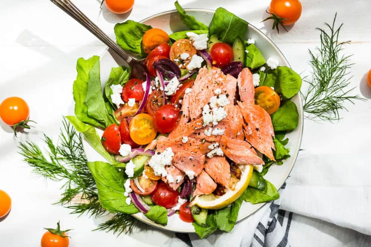 A bowl of Easy Salmon Chopped Salad.