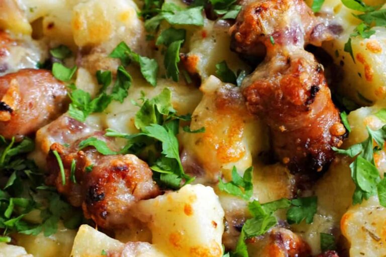 A dish of Sausage and Potato Casserole.