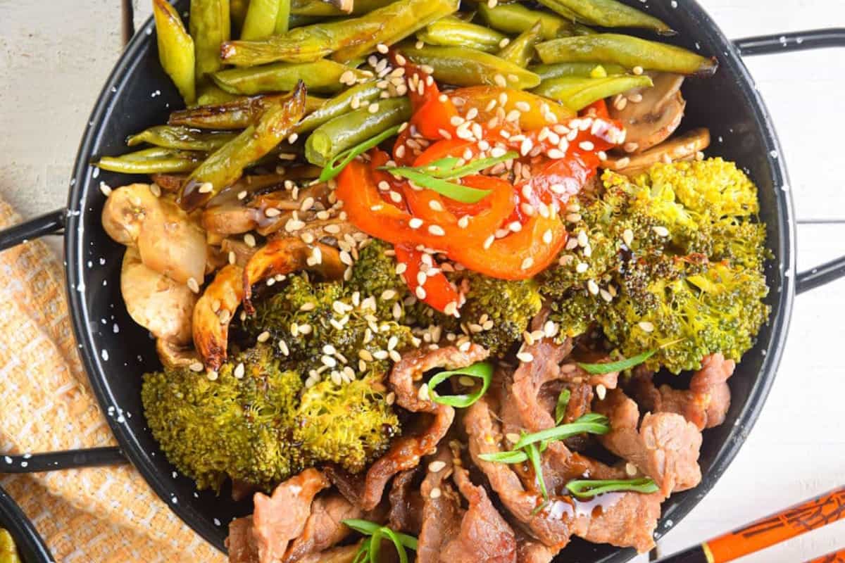 A plate of Easy Sheet Pan Beef and Broccoli.