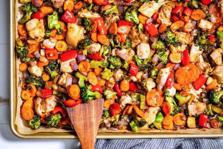 Overhead image of Sheet Pan Chicken Thigh Stir Fry.