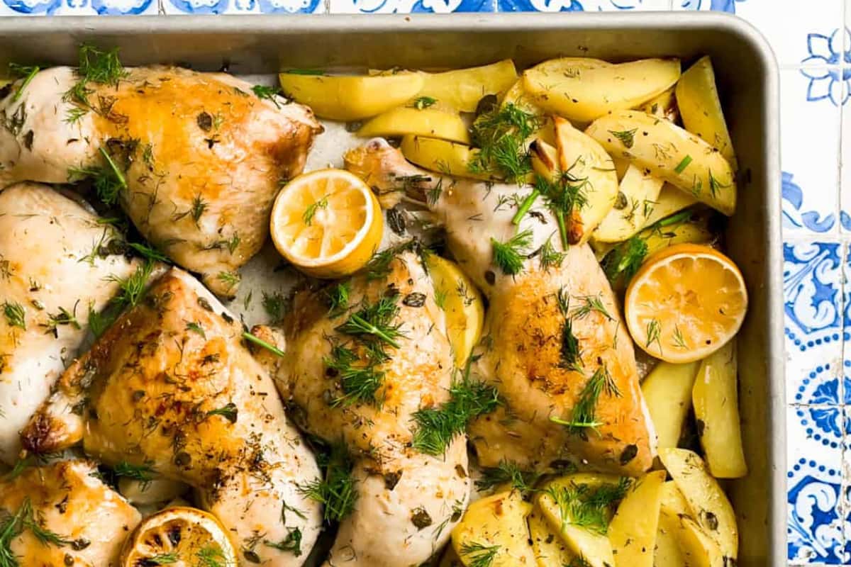 A dish of Greek Lemon Chicken and Potatoes.