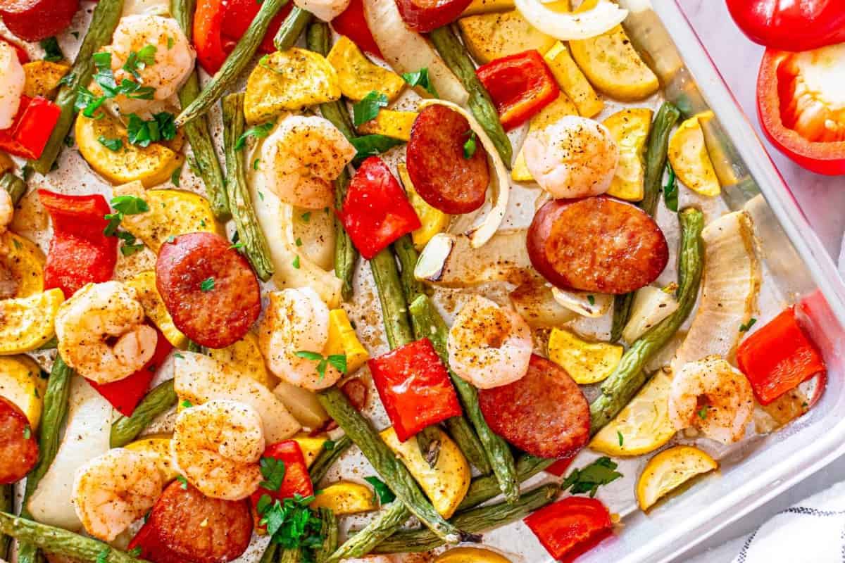 A dish of Sheet Pan Shrimp and Andouille Sausage.