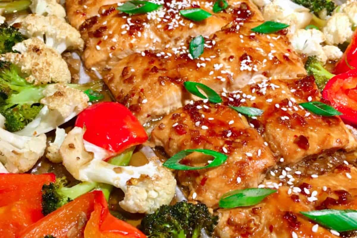 A dish of Teriyaki Salmon - Easy Sheet Pan Dinner.