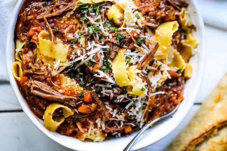 A plate of Sunday Slow Cooker Beef Ragu.