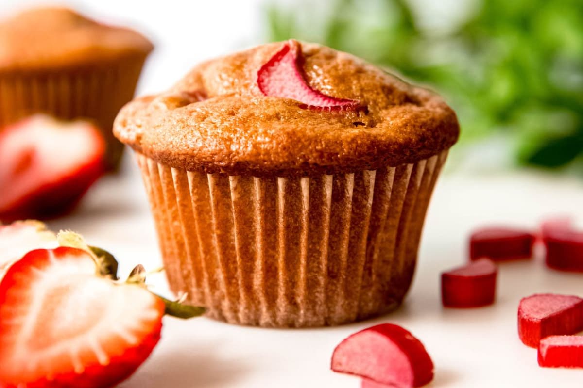A plate of Strawberry Rhubarb Protein Muffins.