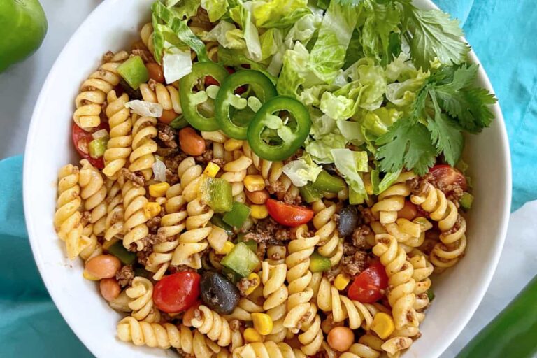 A bowl of Taco Pasta Salad.