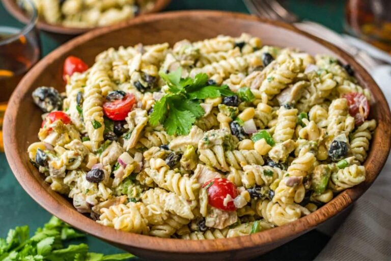 A bowl of Tex Mex Chicken Pasta Salad.