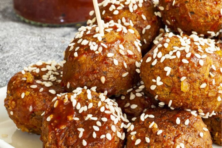 A plate of BBQ Vegan Chickpea Meatballs.