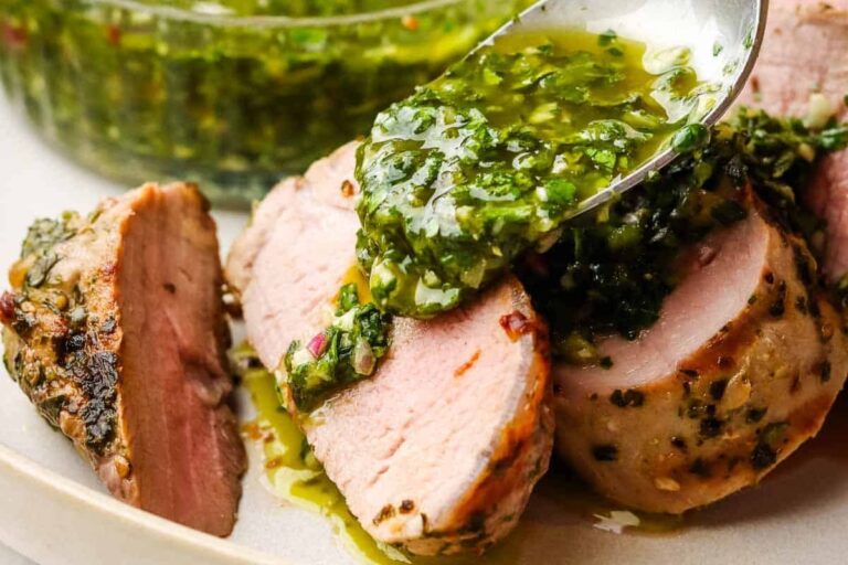 A plate of Grilled Chimichurri Pork Tenderloin.