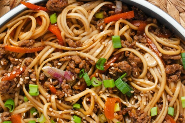A bowl of Mongolian Ground Beef Lo Mein.