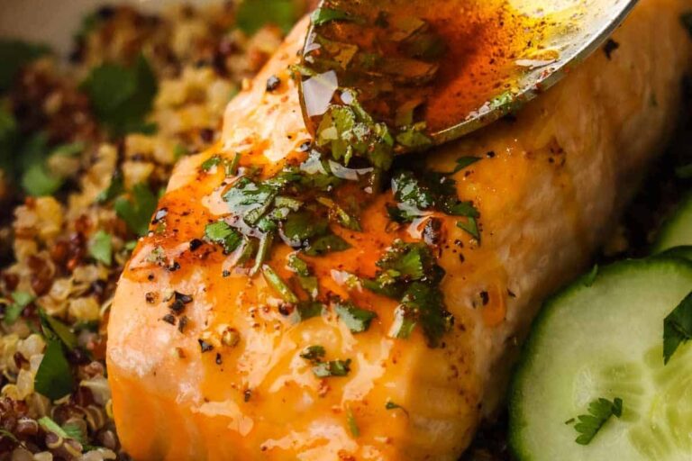 A plate of Roasted Salmon Quinoa Bowls.