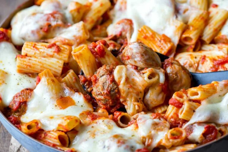 A dish of skillet meatball pasta.