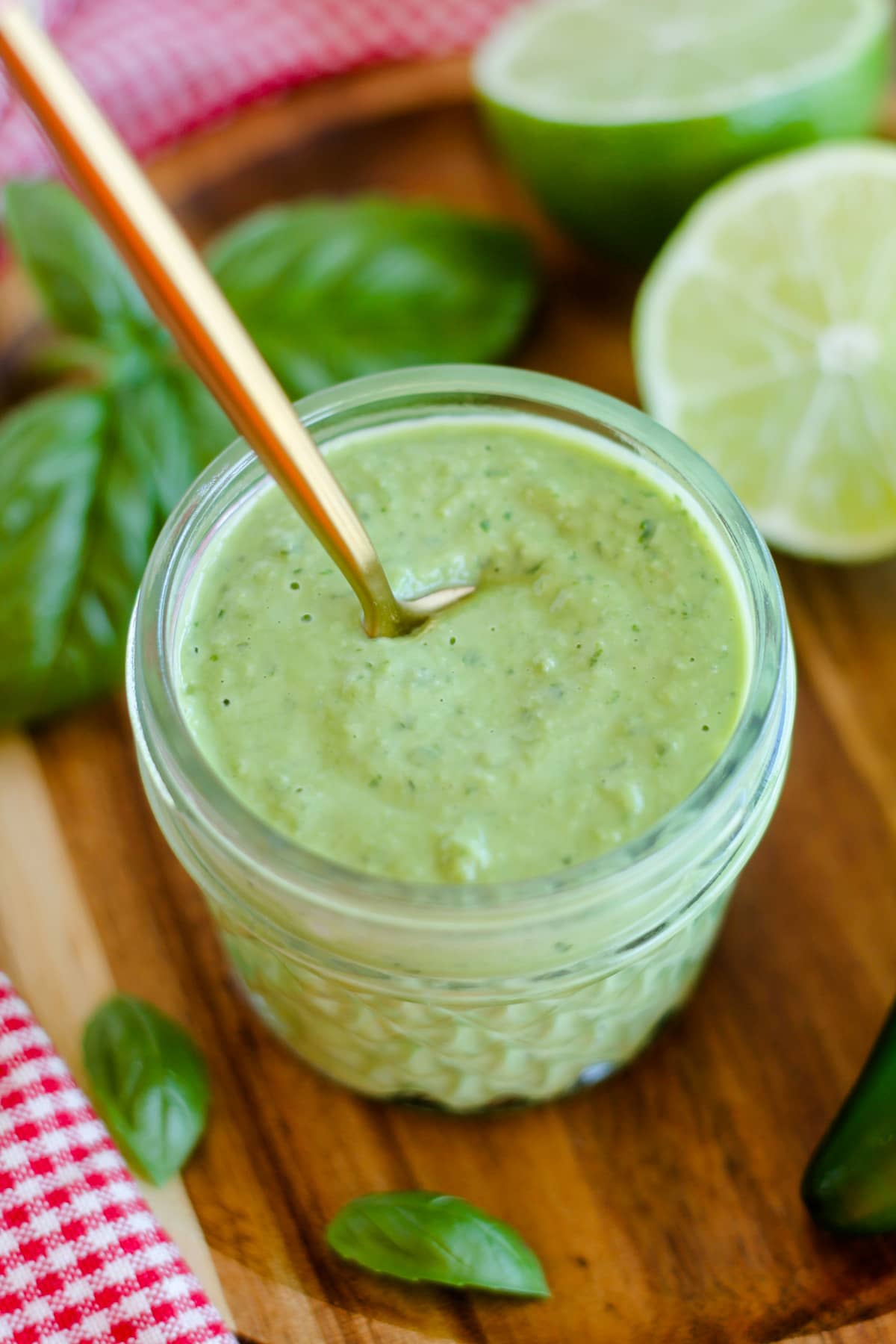 A jar of spicy basil sauce.