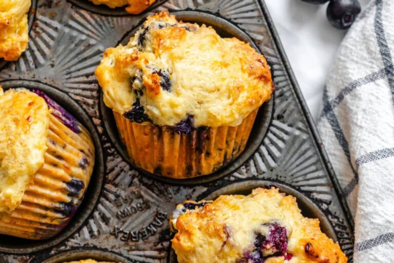 A pan of Blueberry Cottage Cheese Muffins.