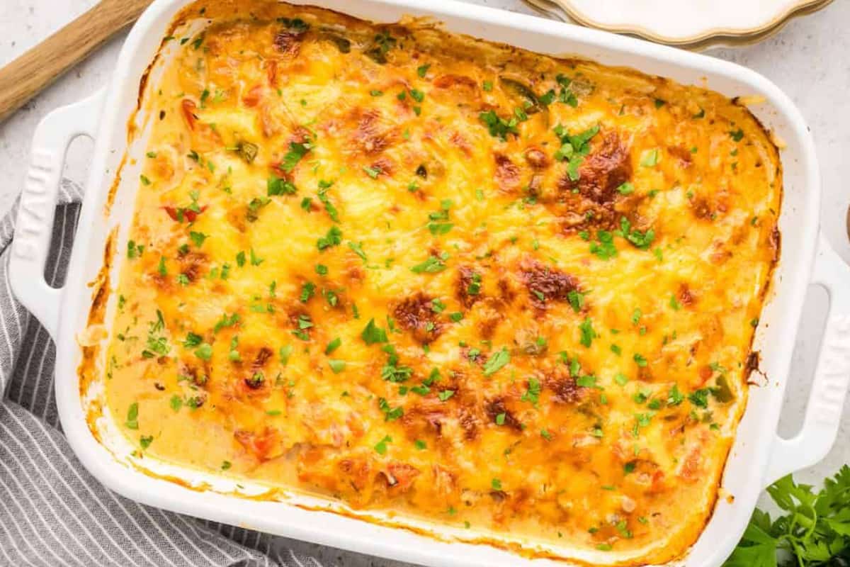A dish of Cheesy Seafood Casserole.
