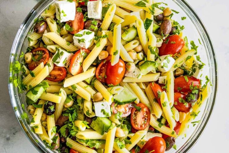 A bowl of Chickpea Pasta Salad.