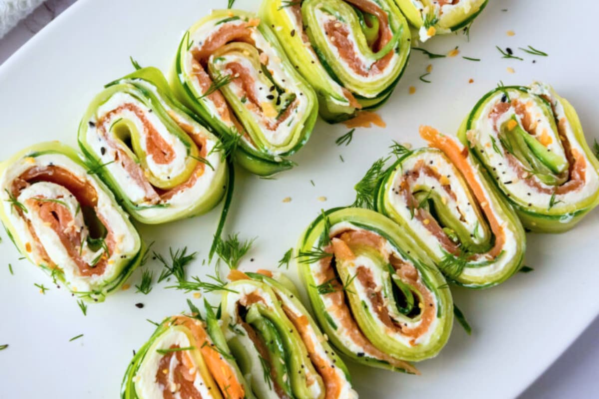 A dish of Creamy Cucumber Roll Ups.