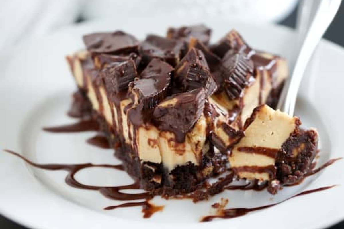 A plate of Deep Dish Peanut Butter Cheesecake Brownies.