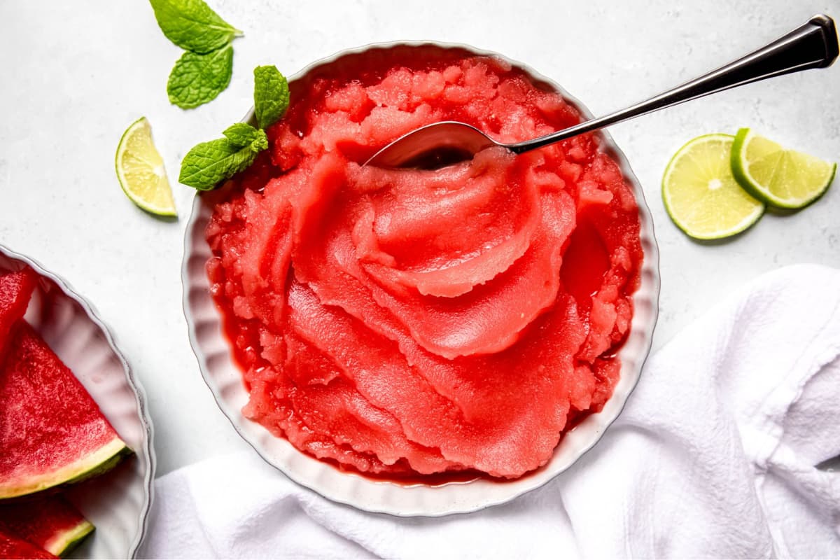 A dish of Homemade Watermelon Sorbet.