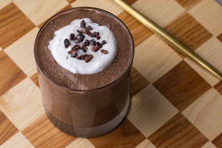 A dish of Blended Chocolate Chia Protein Mousse