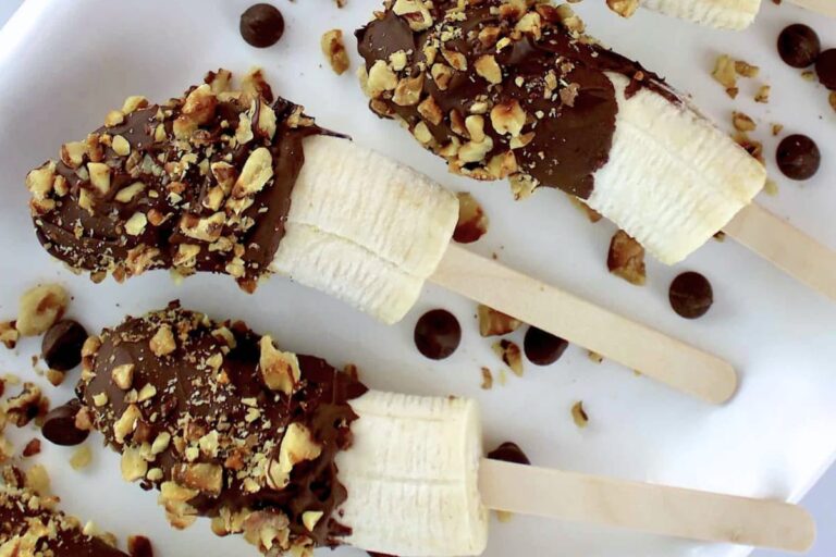 A plate of Frozen Banana Pops.