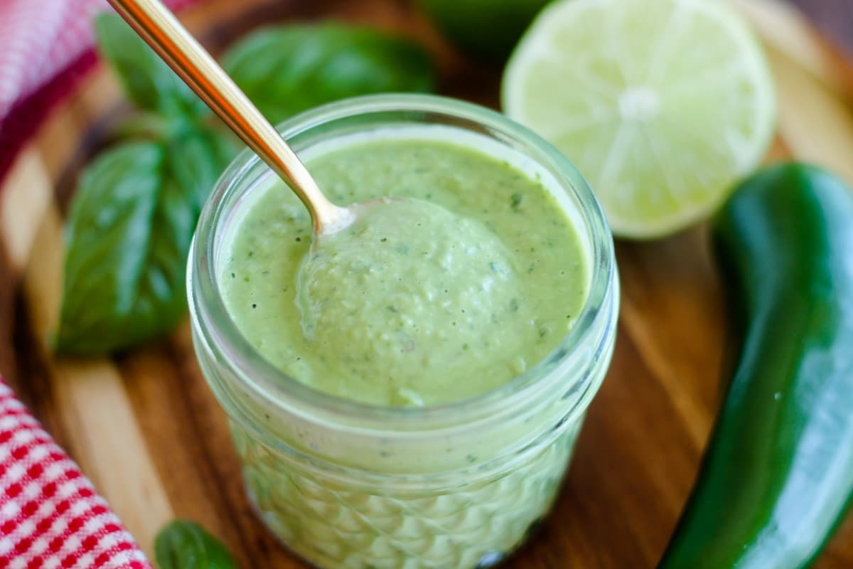 A jar of Spicy Basil Sauce with Garlic and Jalapeno.