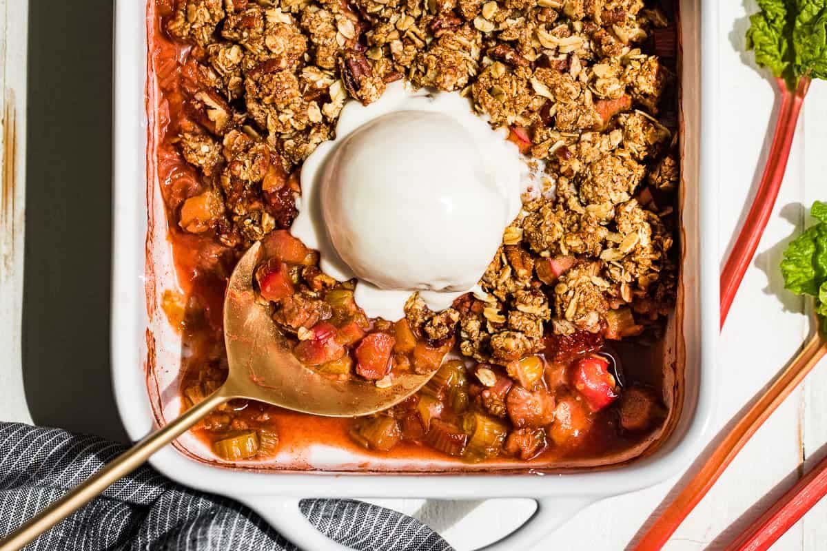 A dish of Strawberry Rhubarb Crisp.