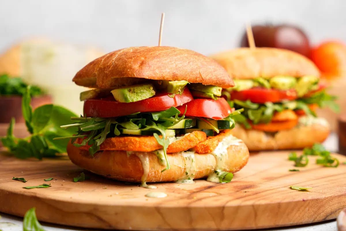 A plate of Green Goddess Sweet Potato Sandwich.