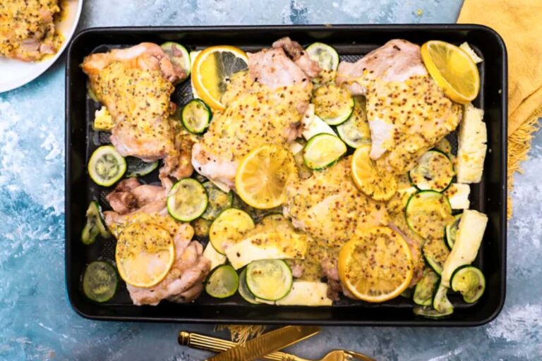 A tray of Haloumi Zucchini Chicken Thigh Tray Bake.