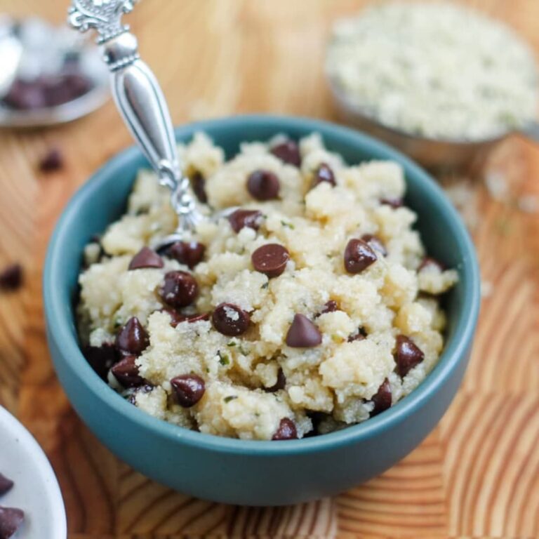 Healthy cookie dough for one in a dish.