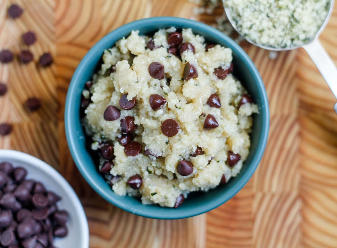 Healthy cookie dough for one in a dish.