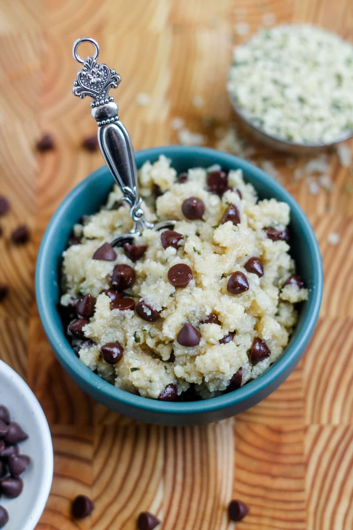 Healthy cookie dough for one in a dish.