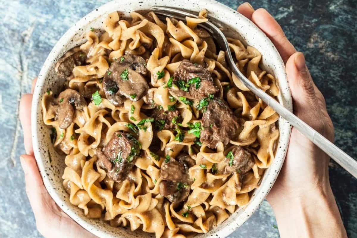 A bowl of Instant Pot Beef Stroganoff.