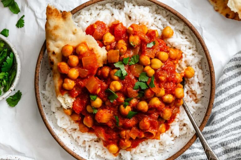 A bowl of Instant Pot Chana Masala.