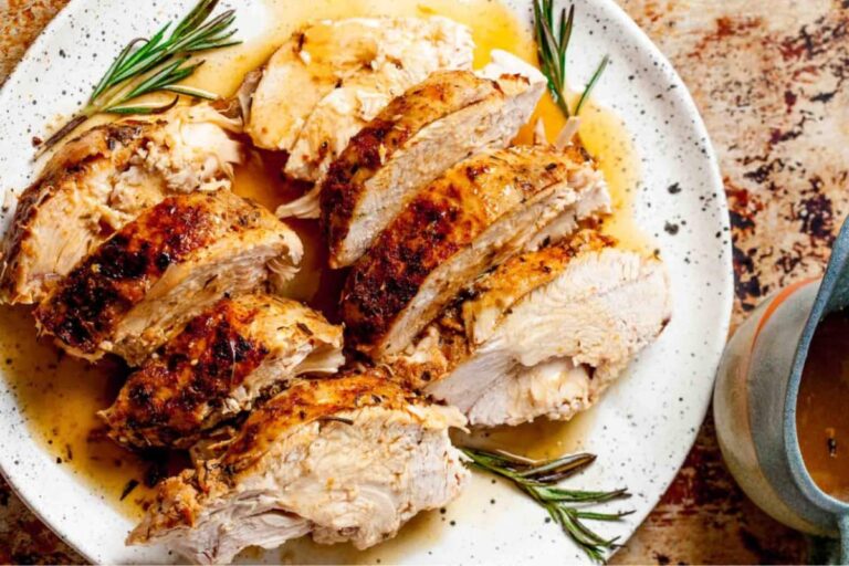 A plate of Instant Pot Turkey Breast with Gravy.