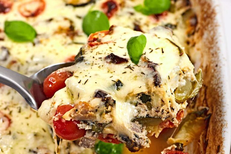 A dish of Zucchini Tomato Mushroom Casserole.