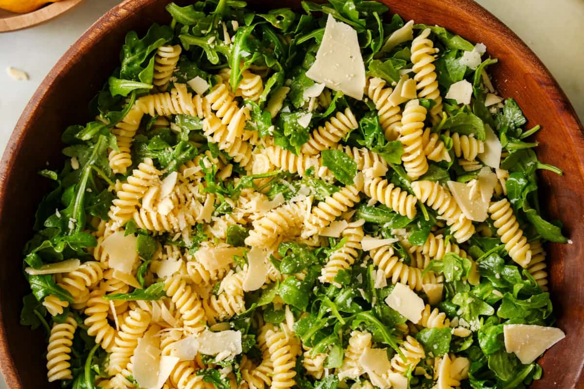 A bowl of Lemon Arugula Pasta Salad.